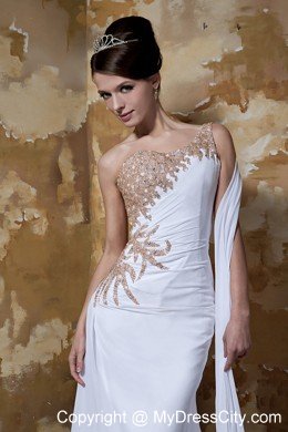 One Shoulder Watteau Train Appliques with Beading for Chiffon Wedding Dress