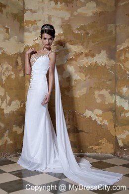 One Shoulder Watteau Train Appliques with Beading for Chiffon Wedding Dress