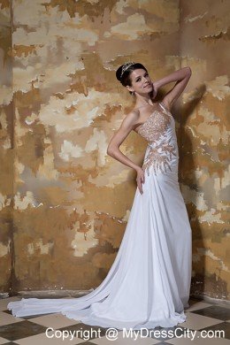 One Shoulder Watteau Train Appliques with Beading for Chiffon Wedding Dress