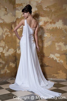 One Shoulder Watteau Train Appliques with Beading for Chiffon Wedding Dress