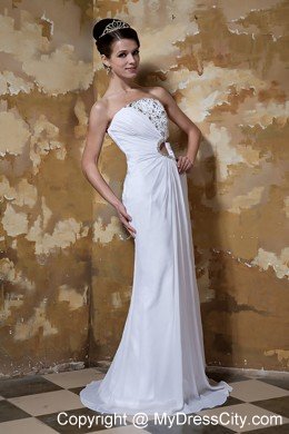 Beaded Strapless Brush Train Chiffon Bridal Dress with Side Cut Out