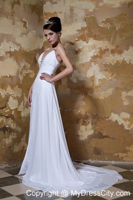 Sexy High Slit Beaded Ruching Court Train Wedding Anniversary Dress