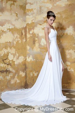 Sexy High Slit Beaded Ruching Court Train Wedding Anniversary Dress