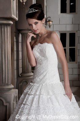 Popular Lace Strapless Brush Train Ball Gown Wedding Bridal Gown