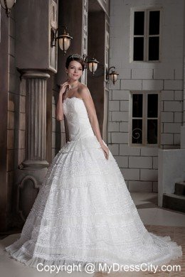 Popular Lace Strapless Brush Train Ball Gown Wedding Bridal Gown