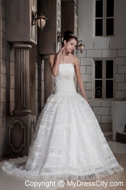 Popular Lace Strapless Brush Train Ball Gown Wedding Bridal Gown