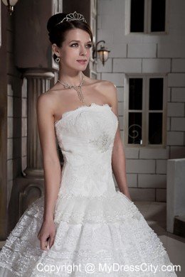 Popular Lace Strapless Brush Train Ball Gown Wedding Bridal Gown