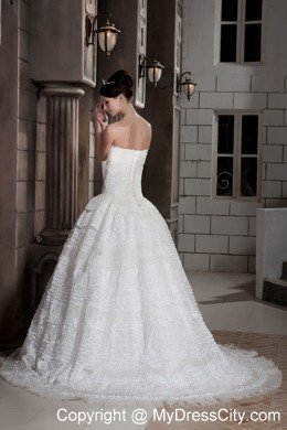 Popular Lace Strapless Brush Train Ball Gown Wedding Bridal Gown