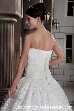 Popular Lace Strapless Brush Train Ball Gown Wedding Bridal Gown