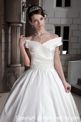 Off The Shoulder Ruching Court Train Wedding Bridal Gowns with Clasp Handle