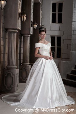 Off The Shoulder Ruching Court Train Wedding Bridal Gowns with Clasp Handle