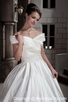 Off The Shoulder Ruching Court Train Wedding Bridal Gowns with Clasp Handle