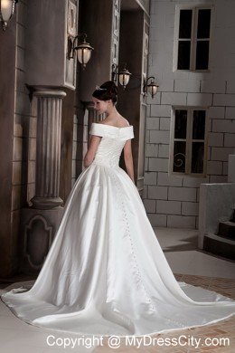 Off The Shoulder Ruching Court Train Wedding Bridal Gowns with Clasp Handle