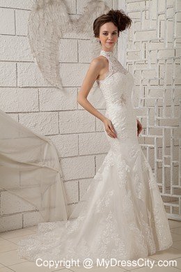 Luxurious Lace Mermaid High-neck Brush Train Wedding Dresses for Garden