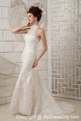 Luxurious Lace Mermaid High-neck Brush Train Wedding Dresses for Garden