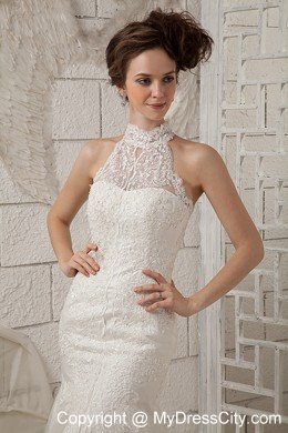 Luxurious Lace Mermaid High-neck Brush Train Wedding Dresses for Garden