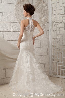 Luxurious Lace Mermaid High-neck Brush Train Wedding Dresses for Garden