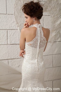 Luxurious Lace Mermaid High-neck Brush Train Wedding Dresses for Garden