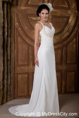 V-neck Brush Train Ruched Garden Wedding Dress with the Back Covered