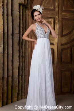 Sexy V-neck Beaded Pleats Chiffon Beach Wedding Dresses with Criss Cross