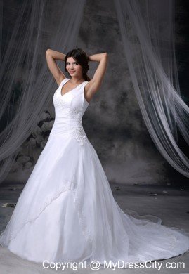 Appliques V-neck Chapel Train 2013 Wedding Anniversary Dress for Church