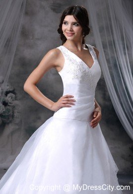 Appliques V-neck Chapel Train 2013 Wedding Anniversary Dress for Church