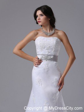 Lace Brush Train Column Strapless Bridal Dress with Silver Beaded Belt