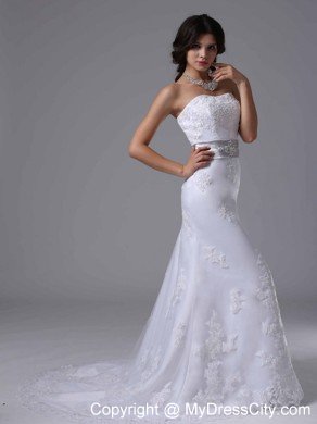 Lace Brush Train Column Strapless Bridal Dress with Silver Beaded Belt