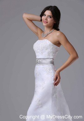 Lace Brush Train Column Strapless Bridal Dress with Silver Beaded Belt