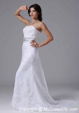 Lace Brush Train Column Strapless Bridal Dress with Silver Beaded Belt