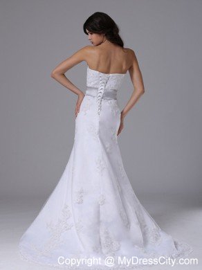 Lace Brush Train Column Strapless Bridal Dress with Silver Beaded Belt