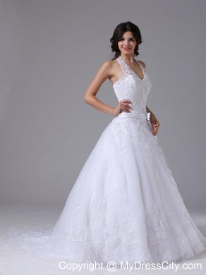 Halter Top Lace Court Train Wedding Gowns with Brooch Bowknot Sash