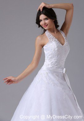 Halter Top Lace Court Train Wedding Gowns with Brooch Bowknot Sash