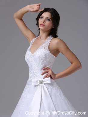 Halter Top Lace Court Train Wedding Gowns with Brooch Bowknot Sash