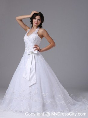 Halter Top Lace Court Train Wedding Gowns with Brooch Bowknot Sash