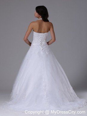 Halter Top Lace Court Train Wedding Gowns with Brooch Bowknot Sash