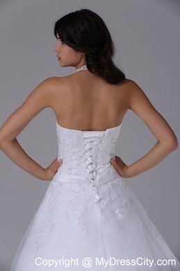 Halter Top Lace Court Train Wedding Gowns with Brooch Bowknot Sash