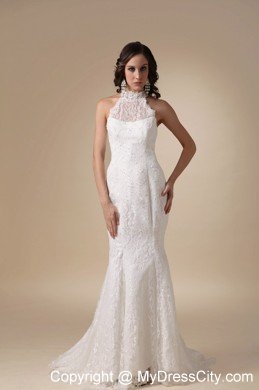 Fashionable Mermaid Brush Train Lace Bridal Gown with Cool Neckline