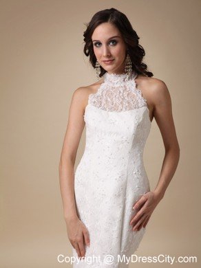 Fashionable Mermaid Brush Train Lace Bridal Gown with Cool Neckline