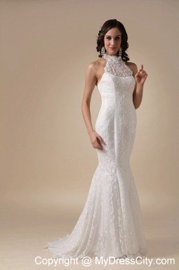 Fashionable Mermaid Brush Train Lace Bridal Gown with Cool Neckline