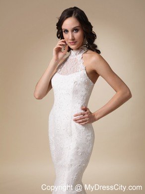 Fashionable Mermaid Brush Train Lace Bridal Gown with Cool Neckline