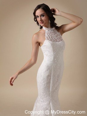 Fashionable Mermaid Brush Train Lace Bridal Gown with Cool Neckline