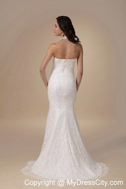 Fashionable Mermaid Brush Train Lace Bridal Gown with Cool Neckline