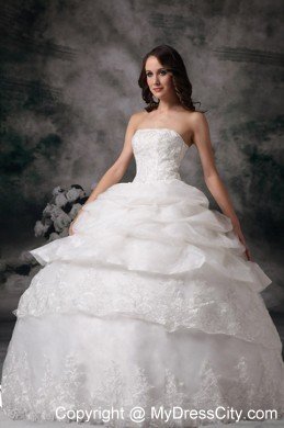 Lace Organza Pick Ups Strapless Ball Gown Wedding Dress for Cheap