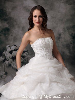 Lace Organza Pick Ups Strapless Ball Gown Wedding Dress for Cheap