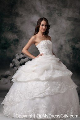 Lace Organza Pick Ups Strapless Ball Gown Wedding Dress for Cheap