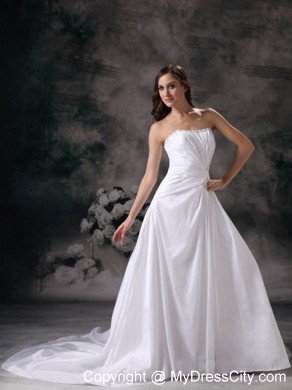 Popular Ruching Strapless Beaded Court Train Wedding Bridal Dresses