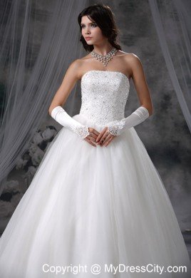 Cheap Simple Beaded Strapless Tulle A-line 2013 Garden Wedding Dress