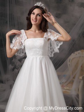 Cap Sleeves Square Neck Brush Train Lace Wedding Dresses with Petals