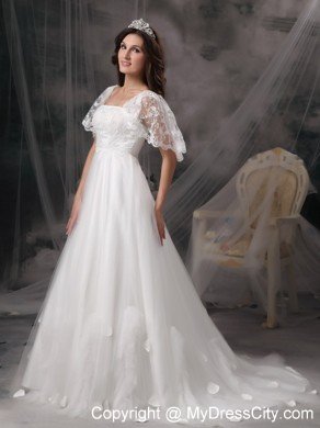 Cap Sleeves Square Neck Brush Train Lace Wedding Dresses with Petals